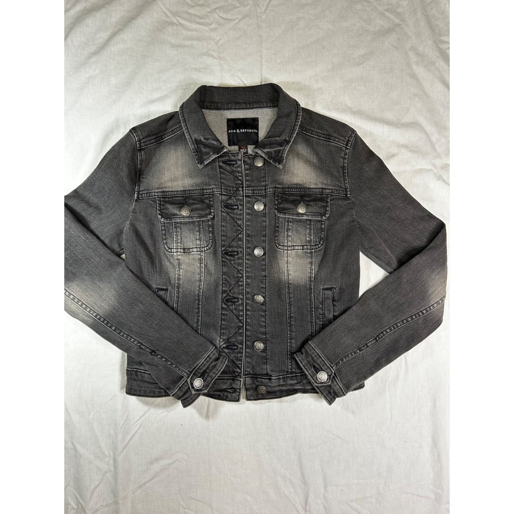 Rock & Republic Women's Denim Goth Jacket American Flag Back Logo Black Size‎ XS